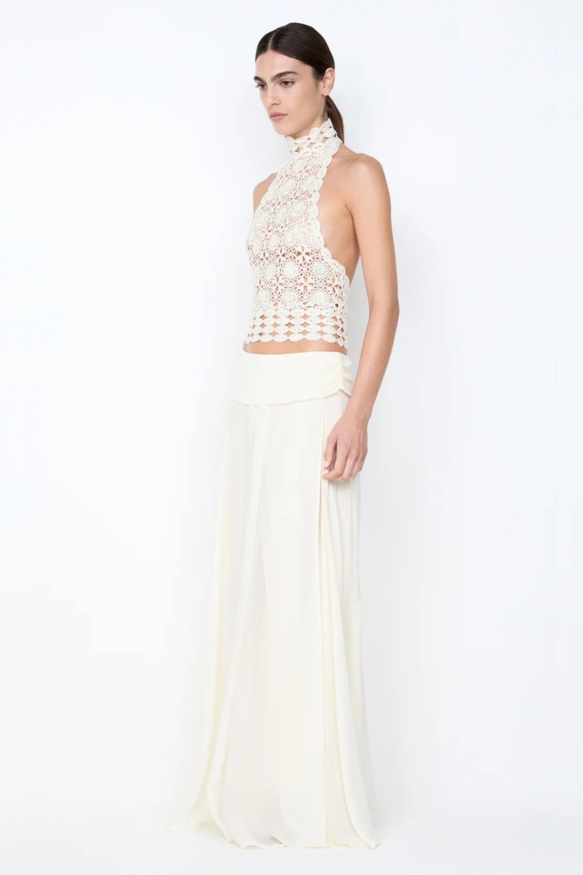 Ania Halter Top Cream by Bec and Bridge, a sheer crochet halter with low back and delicate neck band for elevated resort styling.