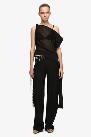 Anika Top Black by Bec + Bridge – an asymmetric sheer top with built in bra and silk trim. Perfect for event styling.
