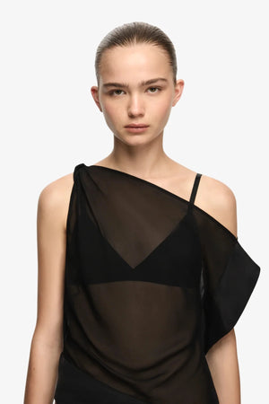Anika Top Black by Bec + Bridge – an asymmetric sheer top with built in bra and silk trim. Perfect for event styling.