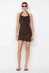 Annetta Halter Mini Dress by Bec + Bridge, a chocolate-toned mini with cowl neckline, knot halter, and open back—perfect for chic event dressing.