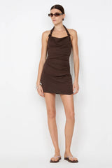 Annetta Halter Mini Dress by Bec + Bridge, a chocolate-toned mini with cowl neckline, knot halter, and open back—perfect for chic event dressing.