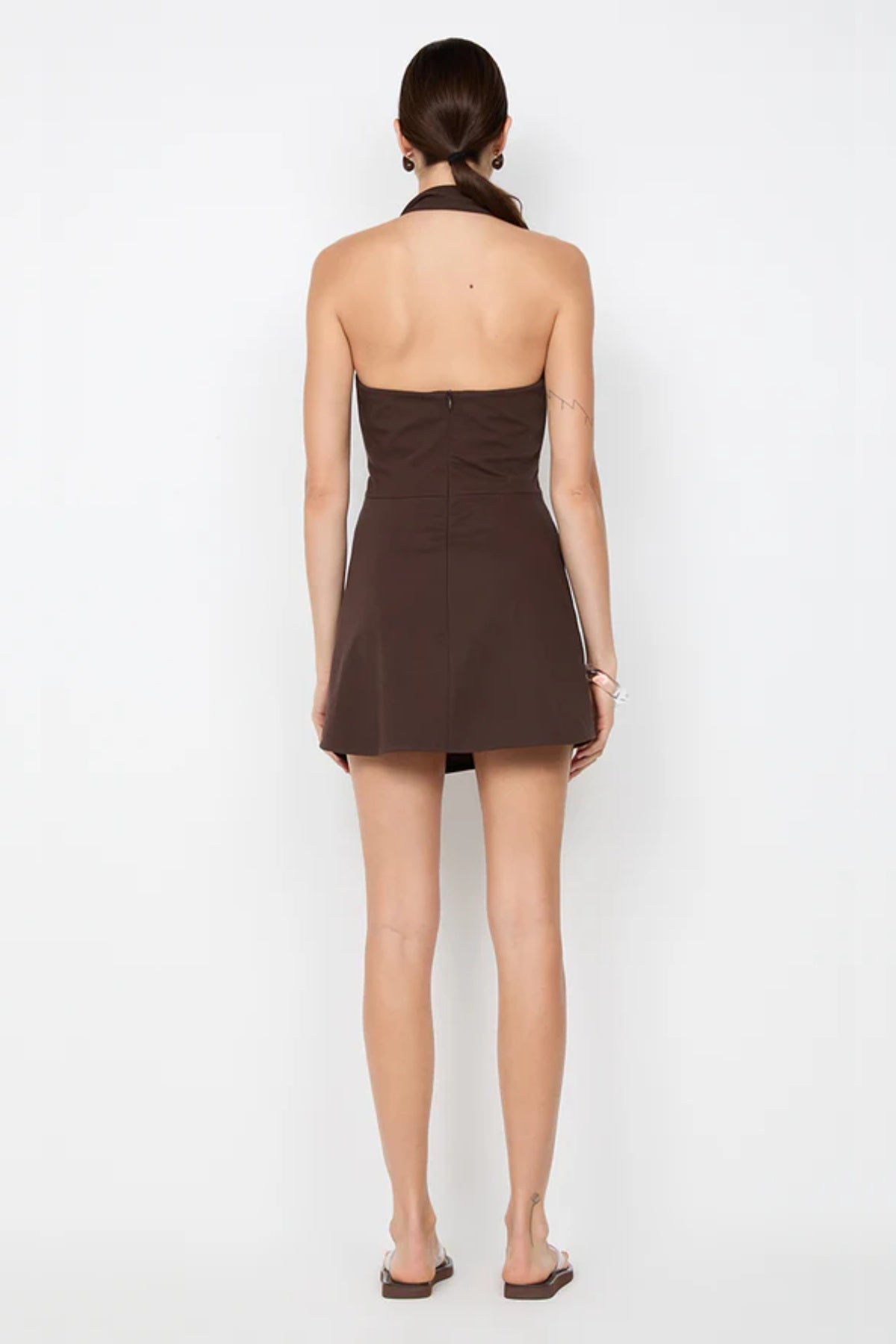 Annetta Halter Mini Dress by Bec + Bridge, a chocolate-toned mini with cowl neckline, knot halter, and open back—perfect for chic event dressing.