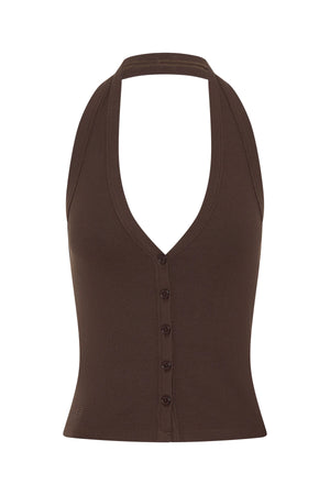 Annie Halter Top Chocolate by Sneaky Link – a fitted top with button front and soft stretch. Perfect for everyday styling.
