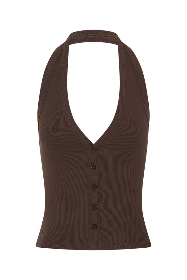 Annie Halter Top Chocolate by Sneaky Link – a fitted top with button front and soft stretch. Perfect for everyday styling.
