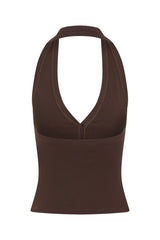 Annie Halter Top Chocolate by Sneaky Link – a fitted top with button front and soft stretch. Perfect for everyday styling.