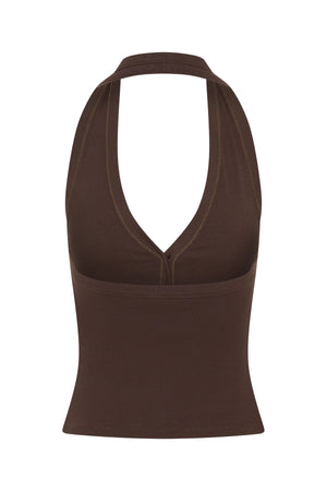 Annie Halter Top Chocolate by Sneaky Link – a fitted top with button front and soft stretch. Perfect for everyday styling.