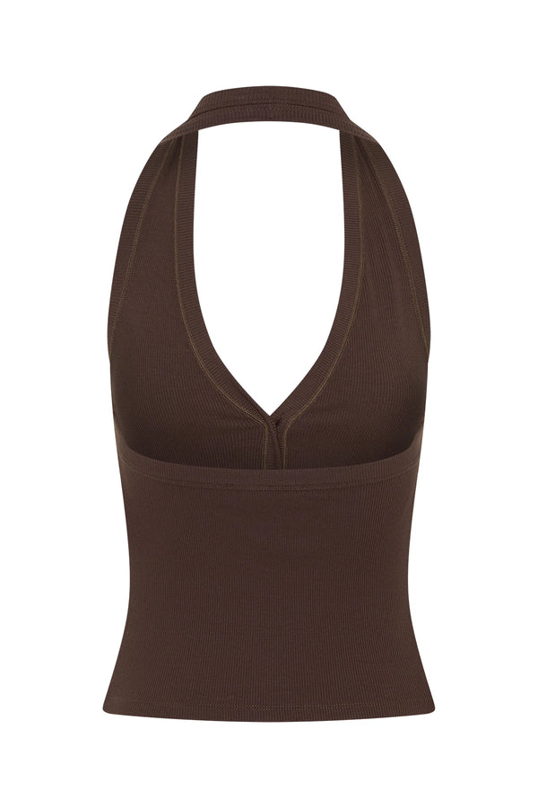 Annie Halter Top Chocolate by Sneaky Link – a fitted top with button front and soft stretch. Perfect for everyday styling.