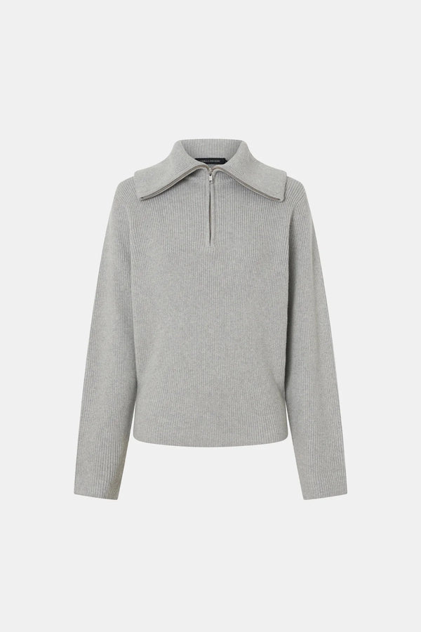 Anouk Knit Pullover Grey Marle by Camilla and Marc – fitted wool blend knit with quarter zip and removable shoulder pads.