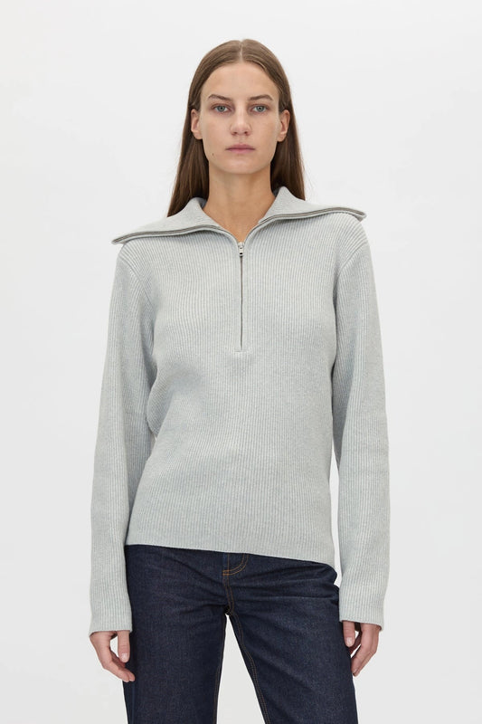Anouk Knit Pullover Grey Marle by Camilla and Marc – fitted wool blend knit with quarter zip and removable shoulder pads.