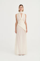 Antonella Dress Ivory Leaf by Solaqua – halter maxi dress with wrap bodice and fluid floor-length skirt.