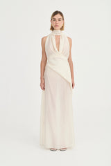 Antonella Dress Ivory Leaf by Solaqua – halter maxi dress with wrap bodice and fluid floor-length skirt.