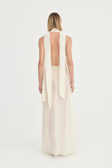 Antonella Dress Ivory Leaf by Solaqua – halter maxi dress with wrap bodice and fluid floor-length skirt.