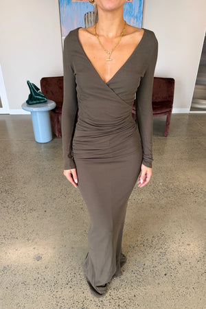 Anya Maxi Dress Martini by Bayse – off shoulder maxi dress with crossover bodice and ruched waist detailing.