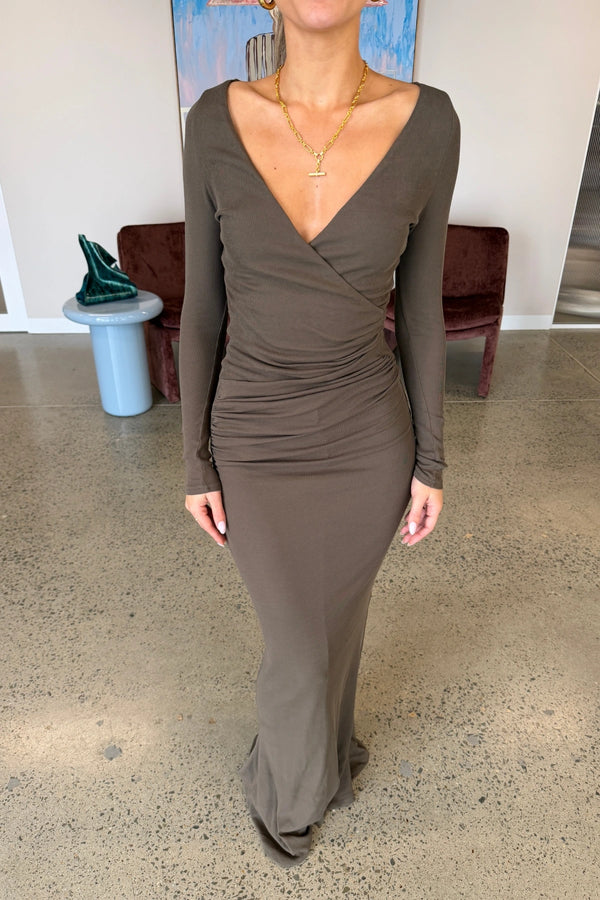 Anya Maxi Dress Martini by Bayse – off shoulder maxi dress with crossover bodice and ruched waist detailing.