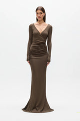 Anya Maxi Dress Martini by Bayse – off shoulder maxi dress with crossover bodice and ruched waist detailing.