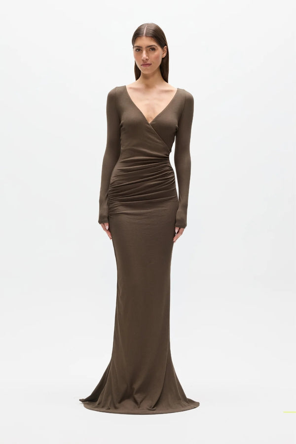 Anya Maxi Dress Martini by Bayse – off shoulder maxi dress with crossover bodice and ruched waist detailing.
