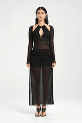 Ari Cut Away Dress Black by Benni – a mesh maxi with halter cutouts and long sleeves. Perfect for bold evening styling.