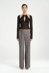 Ari Cutaway Top Black by Benni — Sculptural high-stretch mesh top with geometric cut-out halter neckline, long sleeves, adjustable tie, and built-in shelf bra.