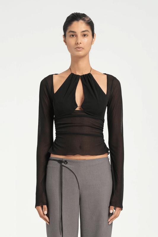 Ari Cutaway Top Black by Benni — Sculptural high-stretch mesh top with geometric cut-out halter neckline, long sleeves, adjustable tie, and built-in shelf bra.