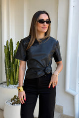 Fairfax Knot Tee Black by Mossman – faux leather crew neck top with side knot detail and relaxed fit.