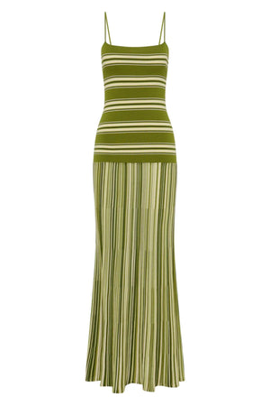Esenia Knit Dress by Faithfull the Brand — an ombré striped knit maxi with a fitted bodice and relaxed skirt, perfect for warm-weather occasions.