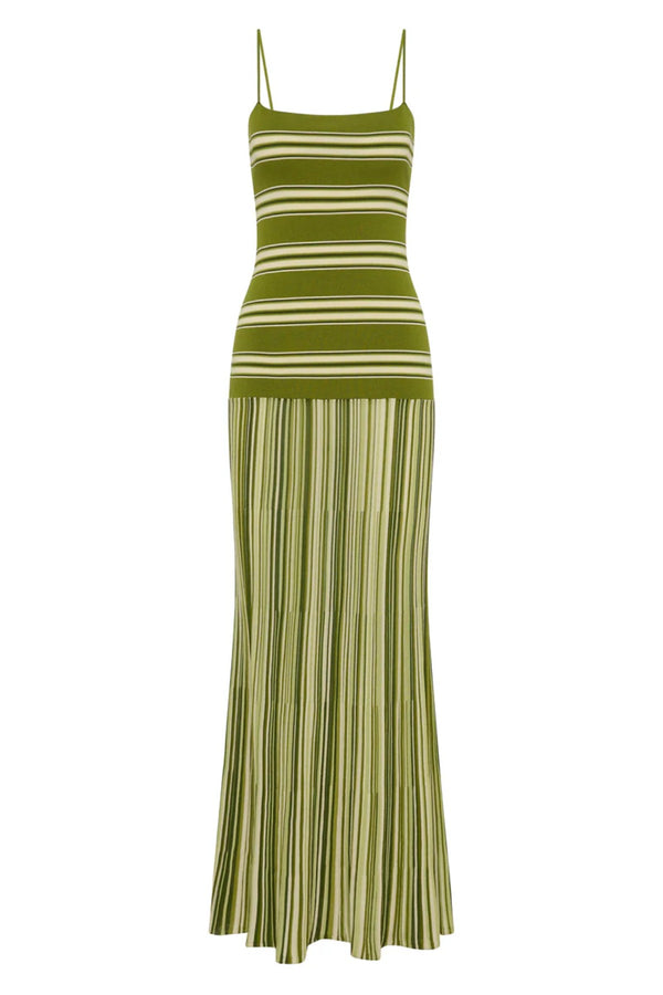 Esenia Knit Dress by Faithfull the Brand — an ombré striped knit maxi with a fitted bodice and relaxed skirt, perfect for warm-weather occasions.