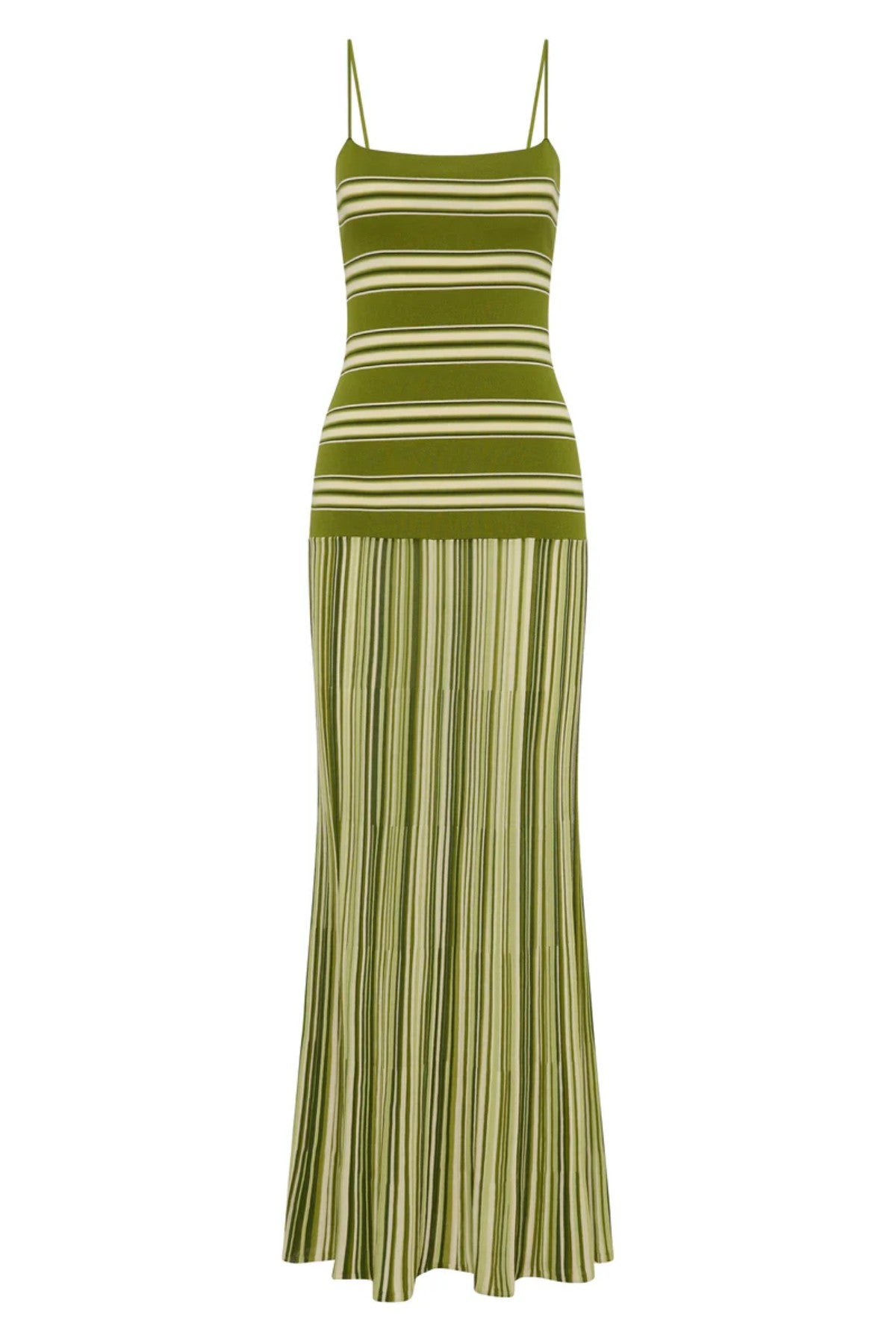 Esenia Knit Dress by Faithfull the Brand — an ombré striped knit maxi with a fitted bodice and relaxed skirt, perfect for warm-weather occasions.