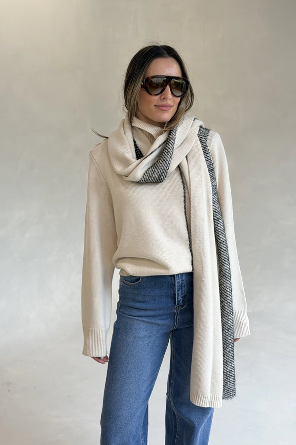 Tusk Knit Stripe Scarf Cream Black by camilla and marc – merino wool knit scarf with contrast jacquard stripe design.