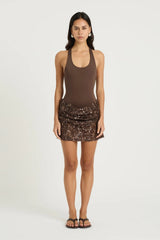 Ariel Mini Dress Cocoa by Benni, stretch scoop-neck bodysuit with racerback and draped sequin cowl skirt, a sleek trendy mini perfect for statement events.