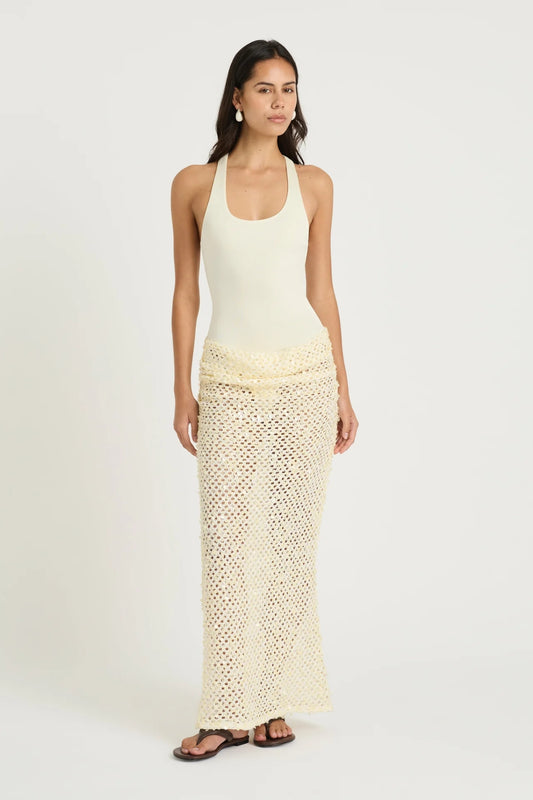Ariel Maxi Dress Marshmallow by Benni, scoop-neck stretch bodysuit with racerback and cascading sequin cowl skirt for sleek, shimmering elegance.