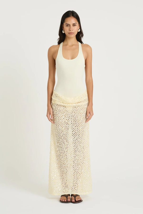 Ariel Maxi Dress Marshmallow by Benni, scoop-neck stretch bodysuit with racerback and cascading sequin cowl skirt for sleek, shimmering elegance.