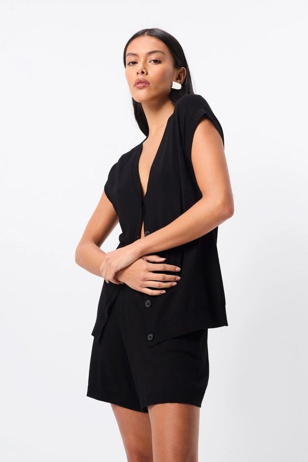 Once Again Knit Vest by Mossman, black lightweight knit vest with V-neckline, button front and relaxed summer silhouette.6