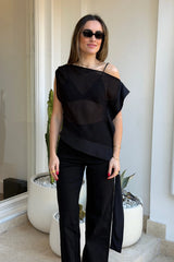 Anika Top Black by Bec + Bridge – an asymmetric sheer top with built in bra and silk trim. Perfect for event styling.