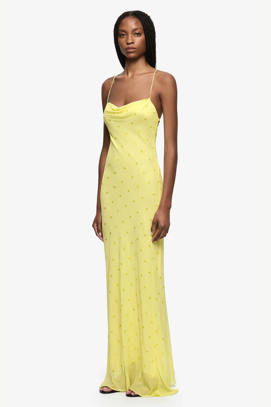 Arielle Slip Maxi Dress Citrus by Bec + Bridge - sequin maxi dress with asymmetric neckline and backless design, designed for statement event styling.