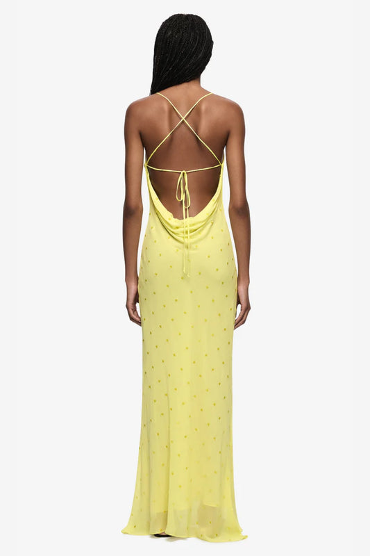 Arielle Slip Maxi Dress Citrus by Bec + Bridge - sequin maxi dress with asymmetric neckline and backless design, designed for statement event styling.
