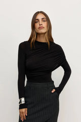 Ariya Bodysuit Shadow by Bayse – draped long sleeve bodysuit with asymmetric detailing and sculpted fit.