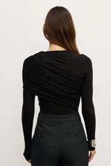 Ariya Bodysuit Shadow by Bayse – draped long sleeve bodysuit with asymmetric detailing and sculpted fit.