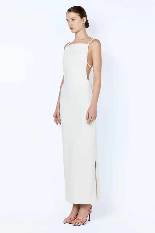 Arlene Strappy Midi Dress Ivory by Bec + Bridge - sleek crepe midi dress with racerback straps and side split, perfect for bridal events or elegant evenings.