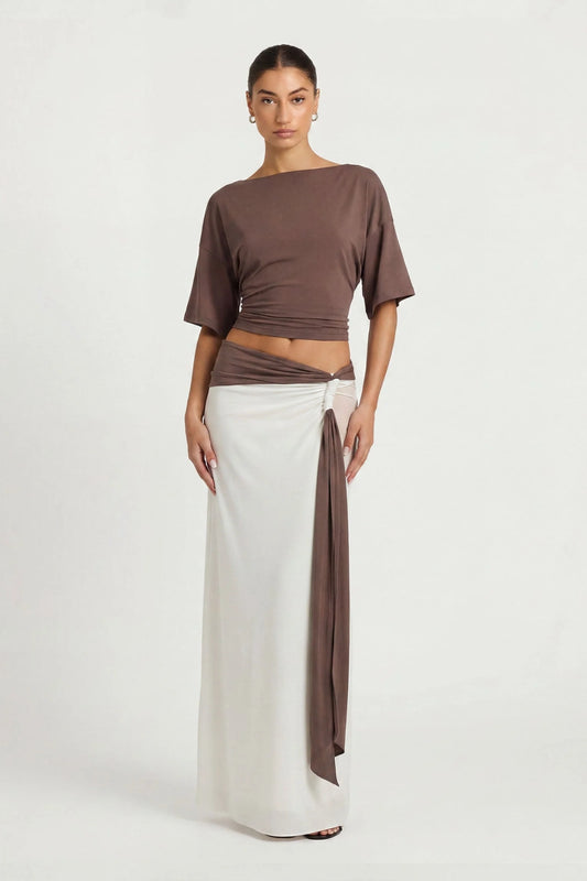 Arlo Maxi Skirt Coffee by Benni – asymmetric wrap maxi skirt with mesh panel and contrast sash detail.