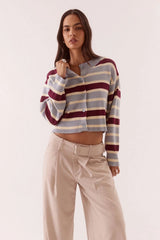 Arlo Stripe Cardigan Blue Plum by Sovere, striped cardigan with cropped fit and button front. Perfect for layering or everyday styling.