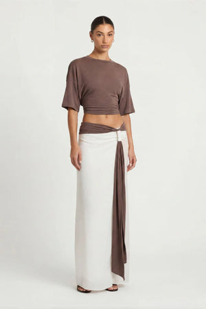 Arlo Tee Coffee by Benni – relaxed crepe jersey top with boat neckline and flattering side ruching detail.
