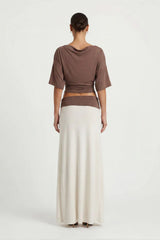 Arlo Tee Coffee by Benni – relaxed crepe jersey top with boat neckline and flattering side ruching detail.