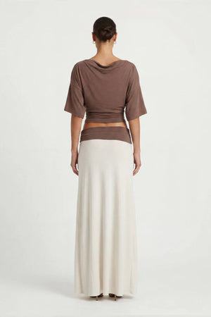 Arlo Tee Coffee by Benni – relaxed crepe jersey top with boat neckline and flattering side ruching detail.