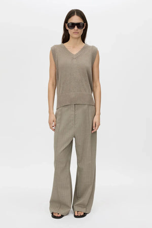 Arnelle Pant by Camilla and Marc in natural pinstripe, wide-leg tailored silhouette with waistband cut-out and pintuck details.