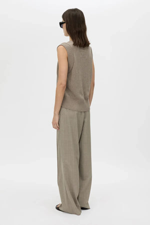 Arnelle Pant by Camilla and Marc in natural pinstripe, wide-leg tailored silhouette with waistband cut-out and pintuck details.