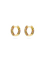Artemis Rainbow Huggies Gold by Avant Studio – gold huggie earrings with rainbow crystals. Perfect for everyday styling.