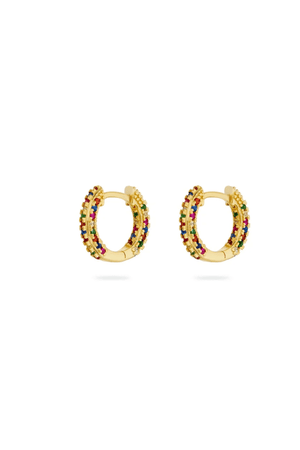 Artemis Rainbow Huggies Gold by Avant Studio – gold huggie earrings with rainbow crystals. Perfect for everyday styling.