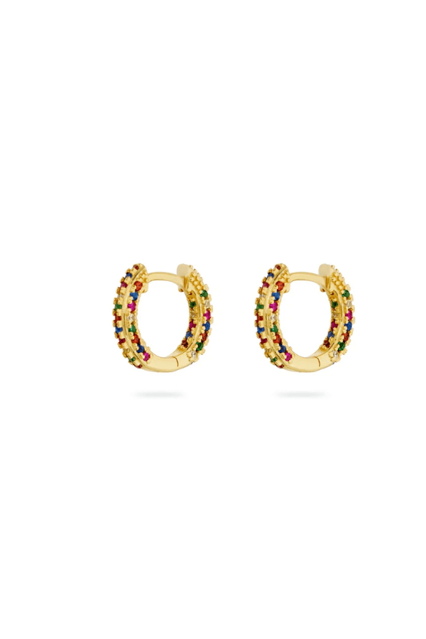 Artemis Rainbow Huggies Gold by Avant Studio – gold huggie earrings with rainbow crystals. Perfect for everyday styling.