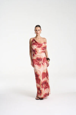 Ash Maxi Dress by Summi Summi — a bias-cut Aloha-print maxi with a cowl neckline and low tie-back, perfect for elegant warm-weather styling.