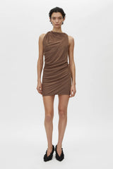 Ashen Dress Copper by Camilla and Marc, satin-look mini with draped cowl neckline and wrap-style waist for a flattering fit.